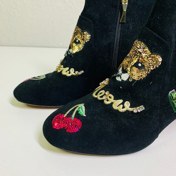 KATE SPADE Boots Liverpool Suede Ankle Love Cat Meow Cherry Sequin Embellished - Picture 2 of 11